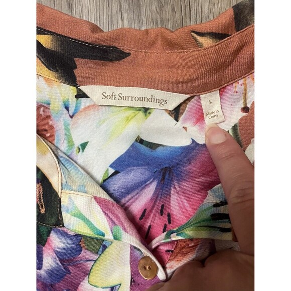 Soft Surroundings Blouse Women L Tunic Top Tropical Floral 3/4 Sleeve Camp Shirt - Picture 3 of 7